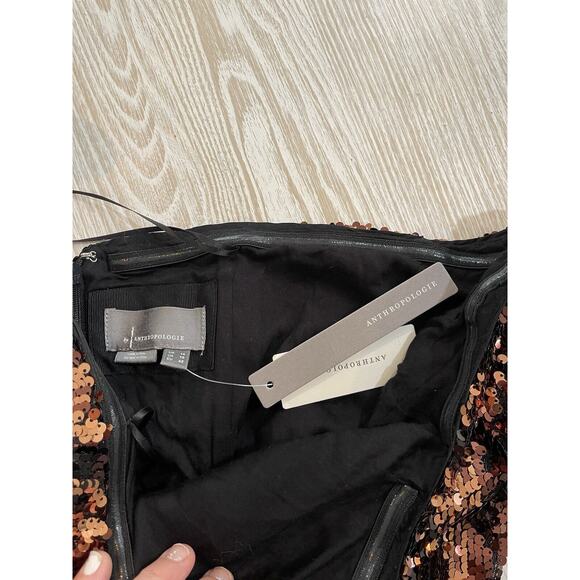 New Anthropologie Strapless Sequined Mini Dress Sz 10 Black Motif/ Bronze Zip Up - Picture 5 of 6